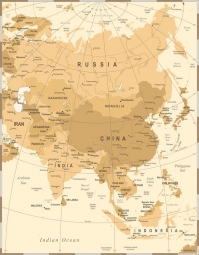  Magnetická mapa Ázie, vintage, béžová