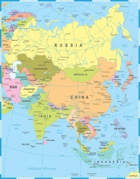  Magnetická mapa Ázie, politická, farebná