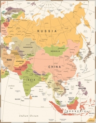  Magnetická mapa Ázie, vintage, béžová