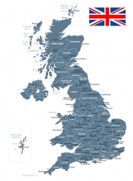  Magnetická mapa Veľkej Británie, ilustrovaná, šedá