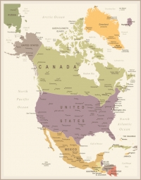  Magnetická mapa Severnej Ameriky, vintage, farebná