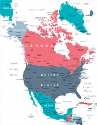  Magnetická mapa Severnej Ameriky, ilustrovaná, farebná