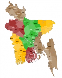  Magnetická mapa Bangladéše, administratívna, farebná